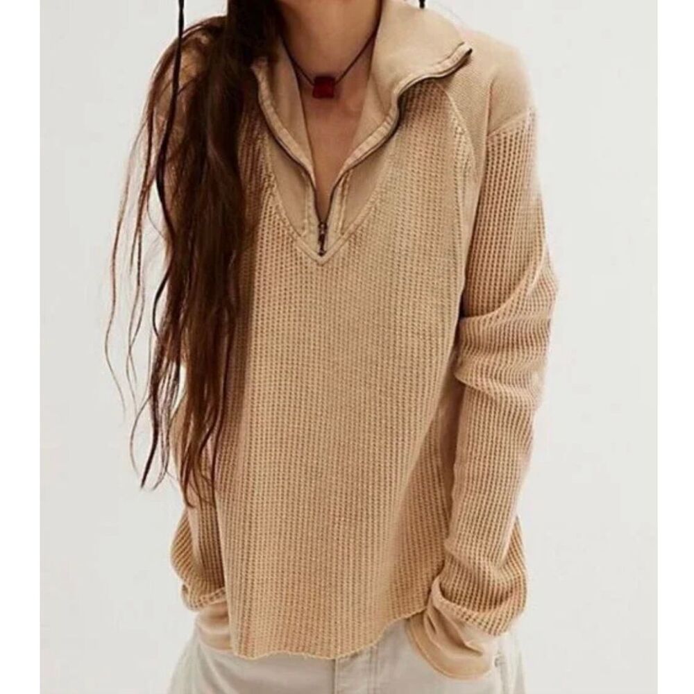 Free people long sleeve 1/2 zip waffle thermal 100% cotton top size medium
